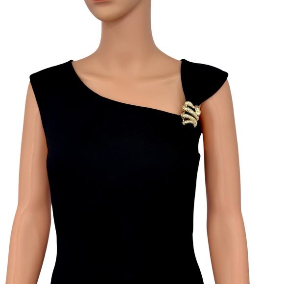 VTG Y2K Cache Black Asymmetric Neckline Bodycon Dress Snake Brooch Made USA M - Picture 3 of 13